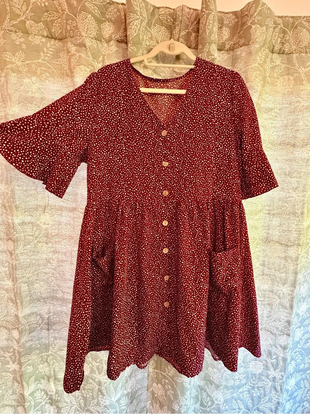 Button-Front Burgundy Dot Babydoll Dress